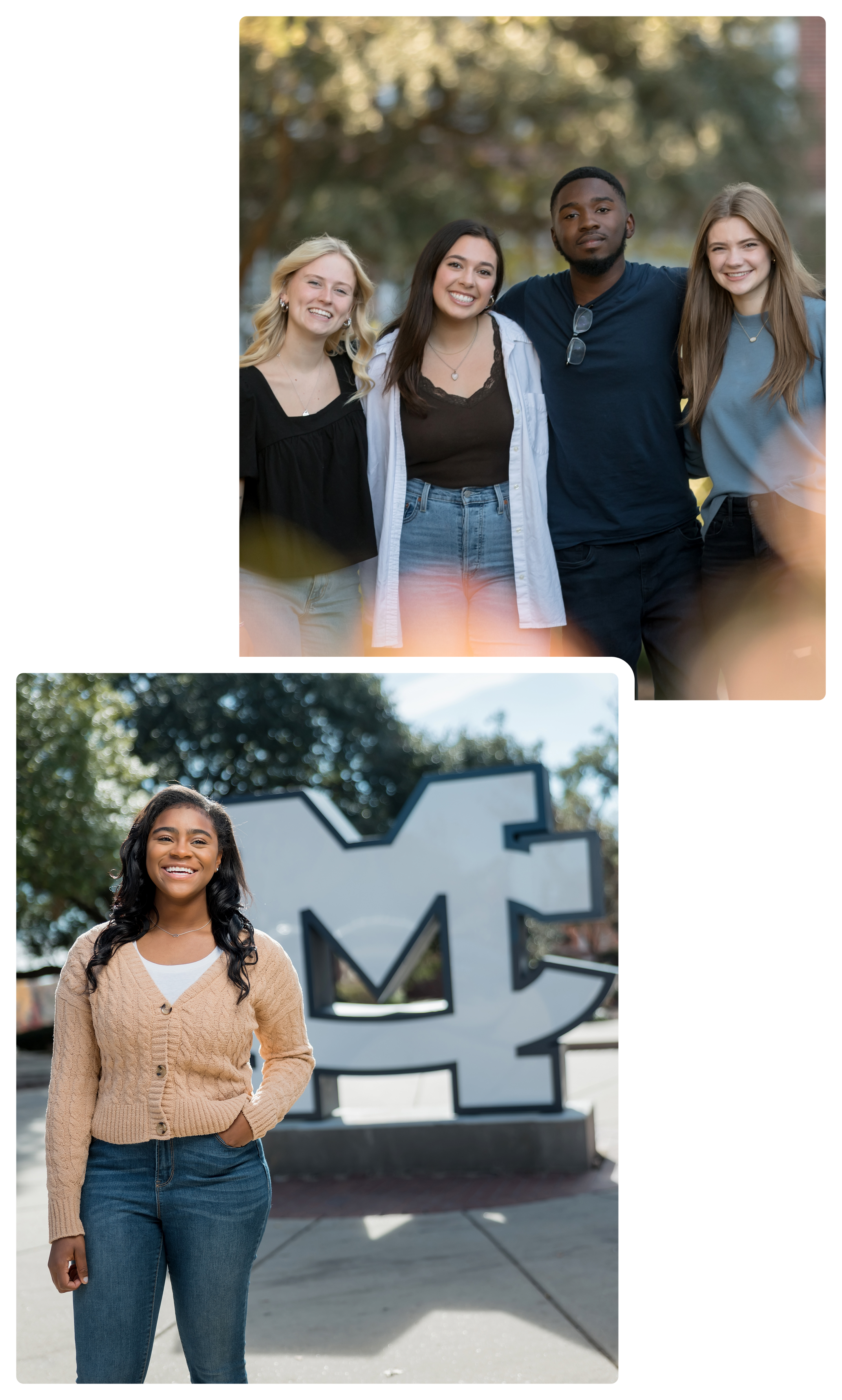 Two different images of students. Top image is of a group of students smiling at the camera and the bottom image is a girl smiling and standing in front of the MC logo.