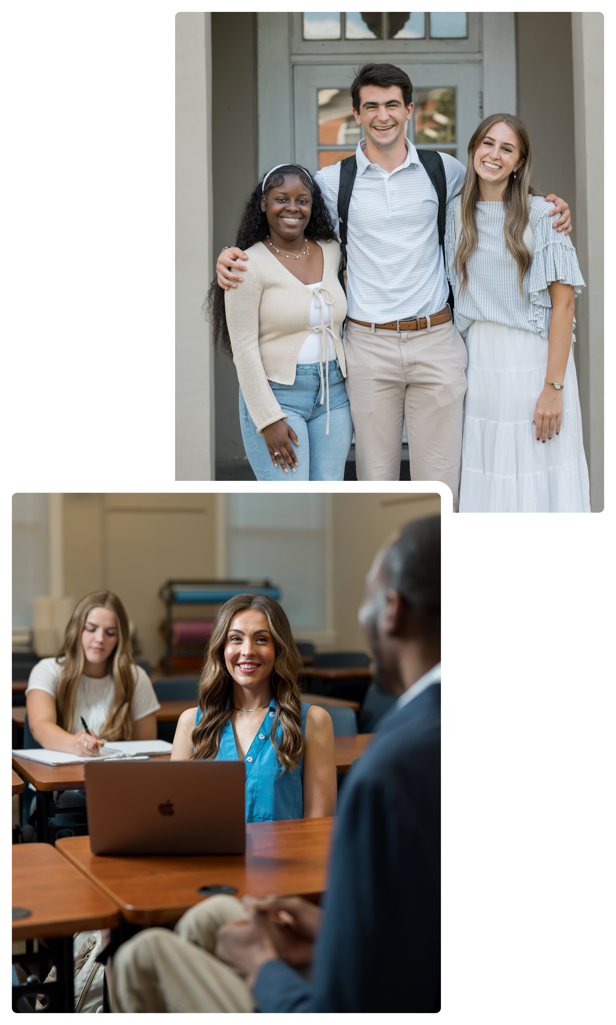 Collage of two photos featuring smiling college students. The top photo shows three students standing together outside a building, while the bottom photo shows a female student using a laptop in a classroom with another student and an instructor.